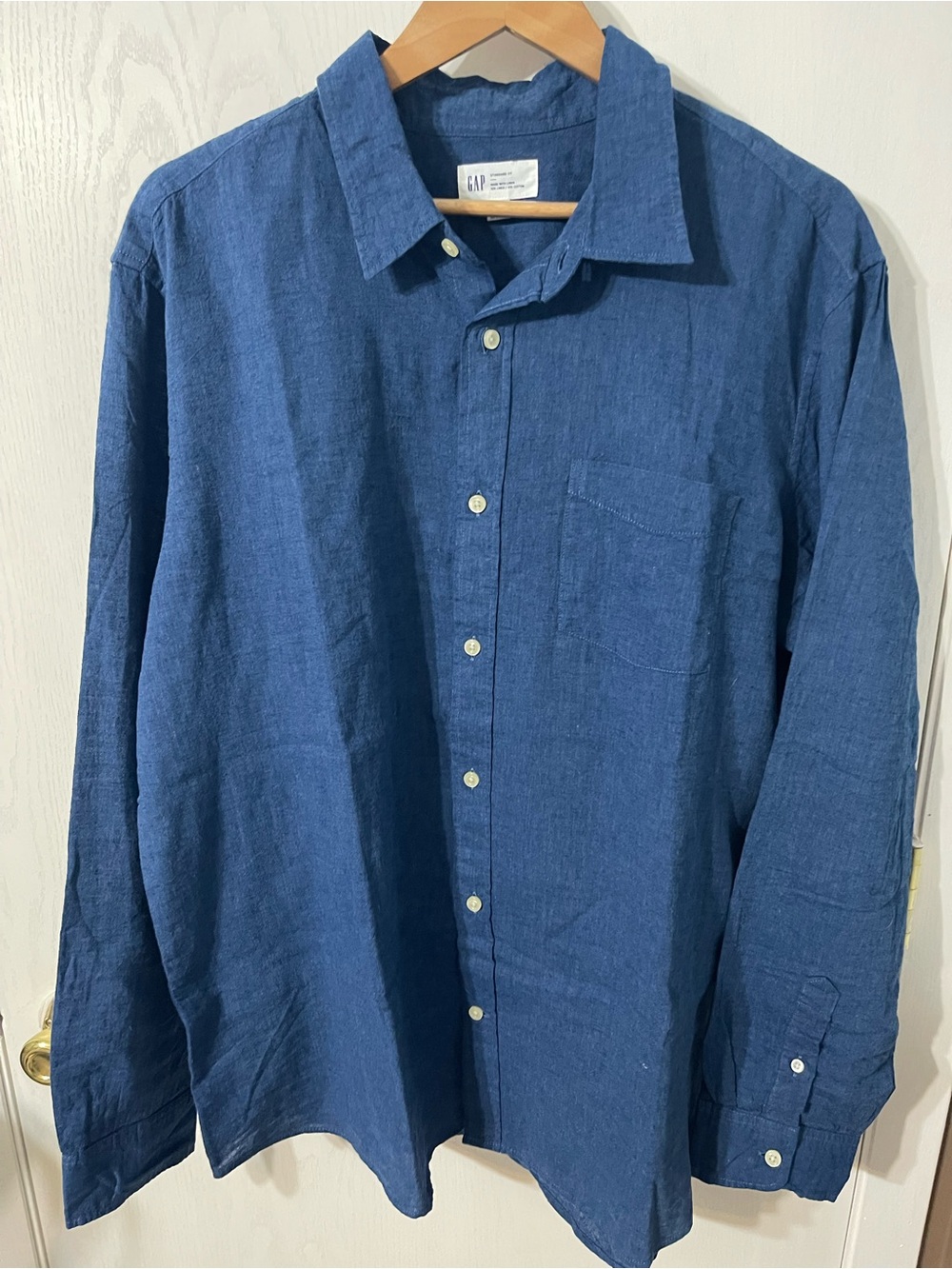 GAP Casual Blue Long Sleeve Cotton-Linen Blend Button-Up Shirt